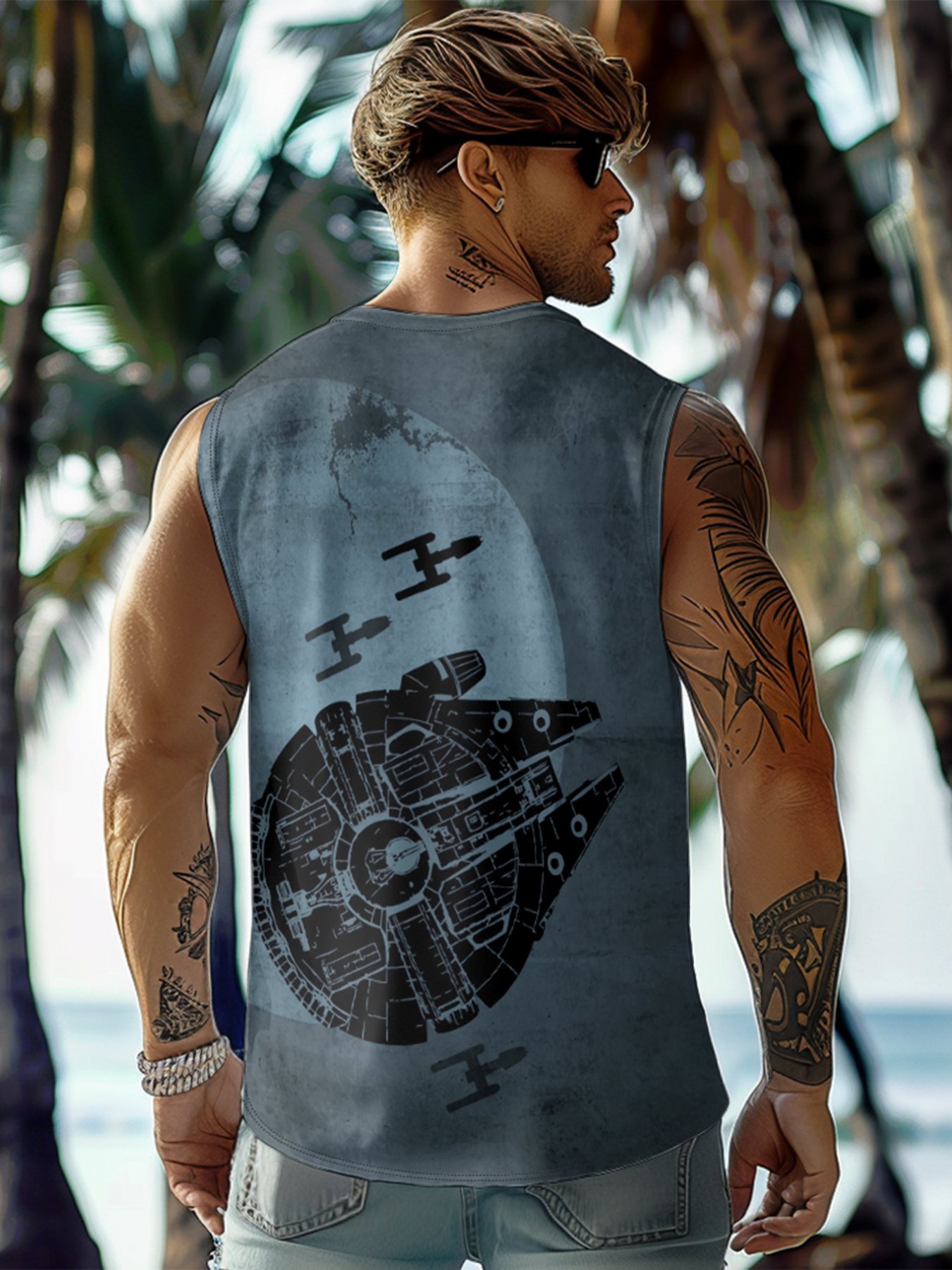 Mens Crewneck Tank Tops Star Plane Beach Sleeveless Shirt