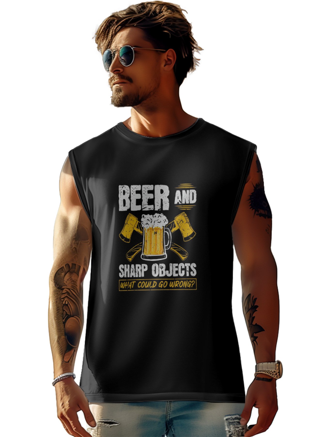 Mens Crewneck Tank Tops Beer Sharp Object Beach Sleeveless Shirt