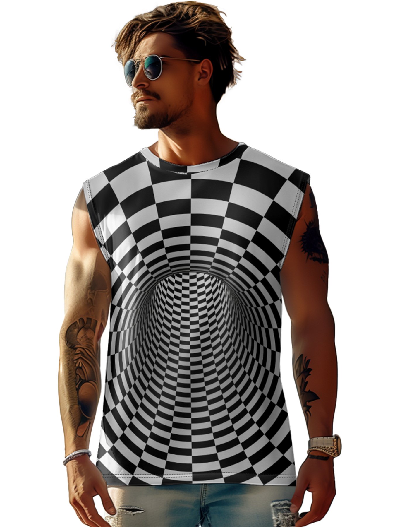 Mens Crewneck Tank Tops Cross 3D Abstract Grid Beach Sleeveless Shirt