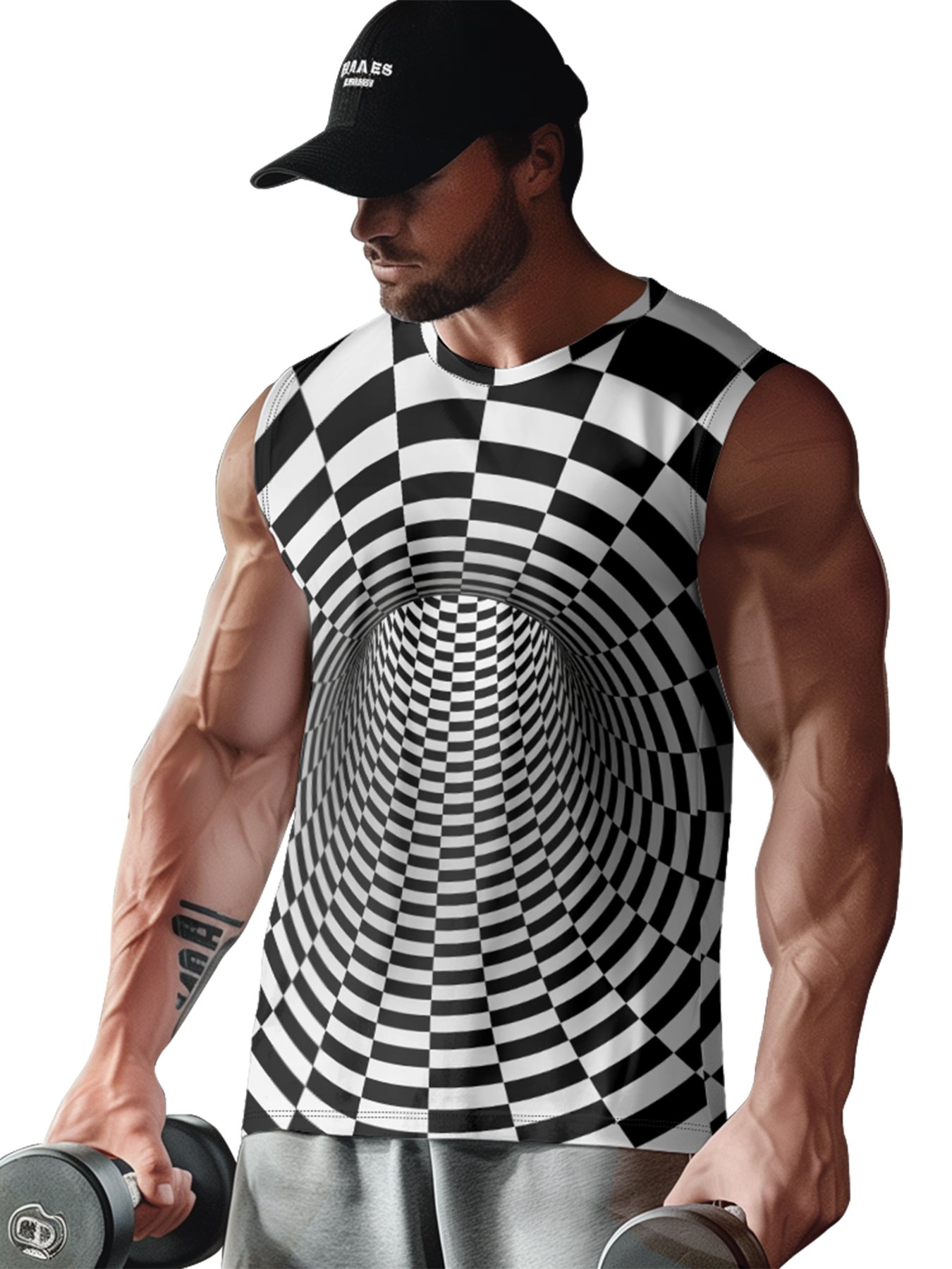 Mens Crewneck Tank Tops Cross 3D Abstract Grid Beach Sleeveless Shirt