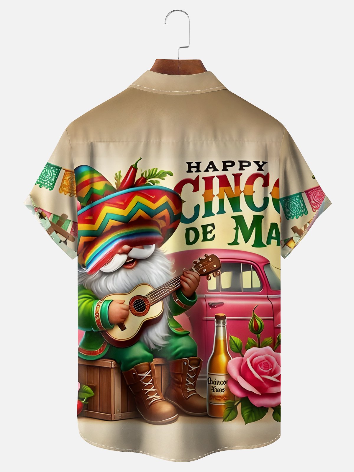 Moisture Wicking Cinco de Mayo Big Hat Midget Guitar Chest Pocket Hawaiian Shirt