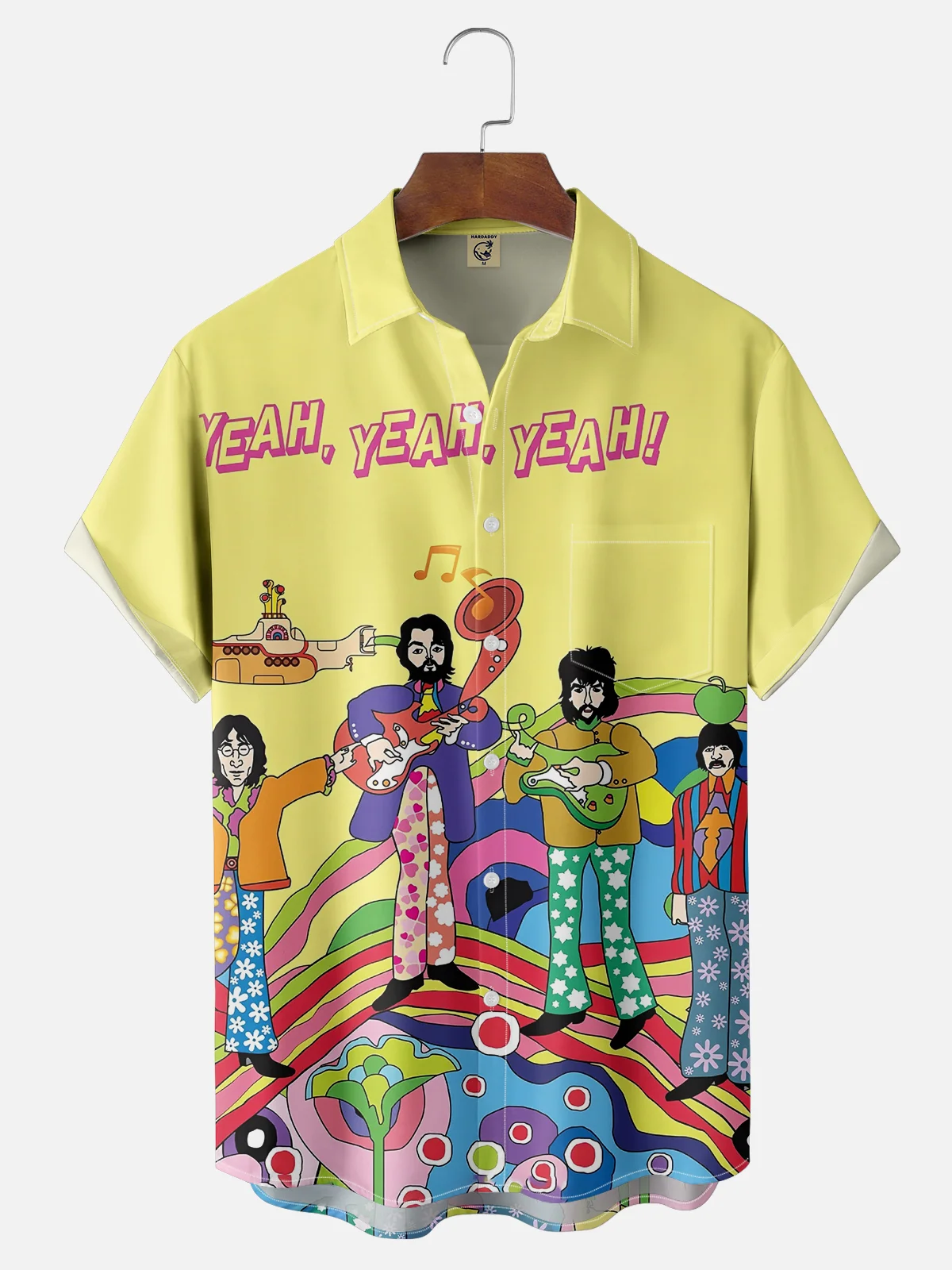 Moisture-wicking Hippie Art People Abstract Illustration Yellow Chest Pocket Casual Shirt