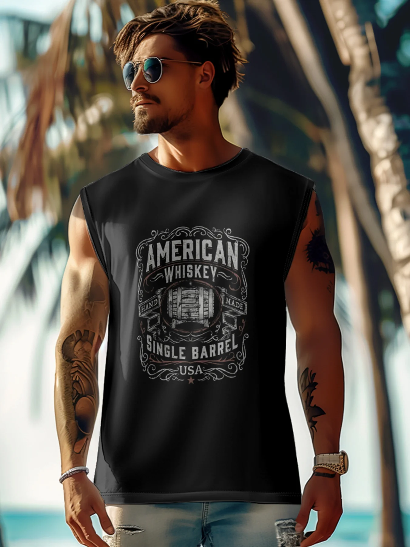 Mens Crewneck Tank Tops American Whiskey Beach Sleeveless Shirt