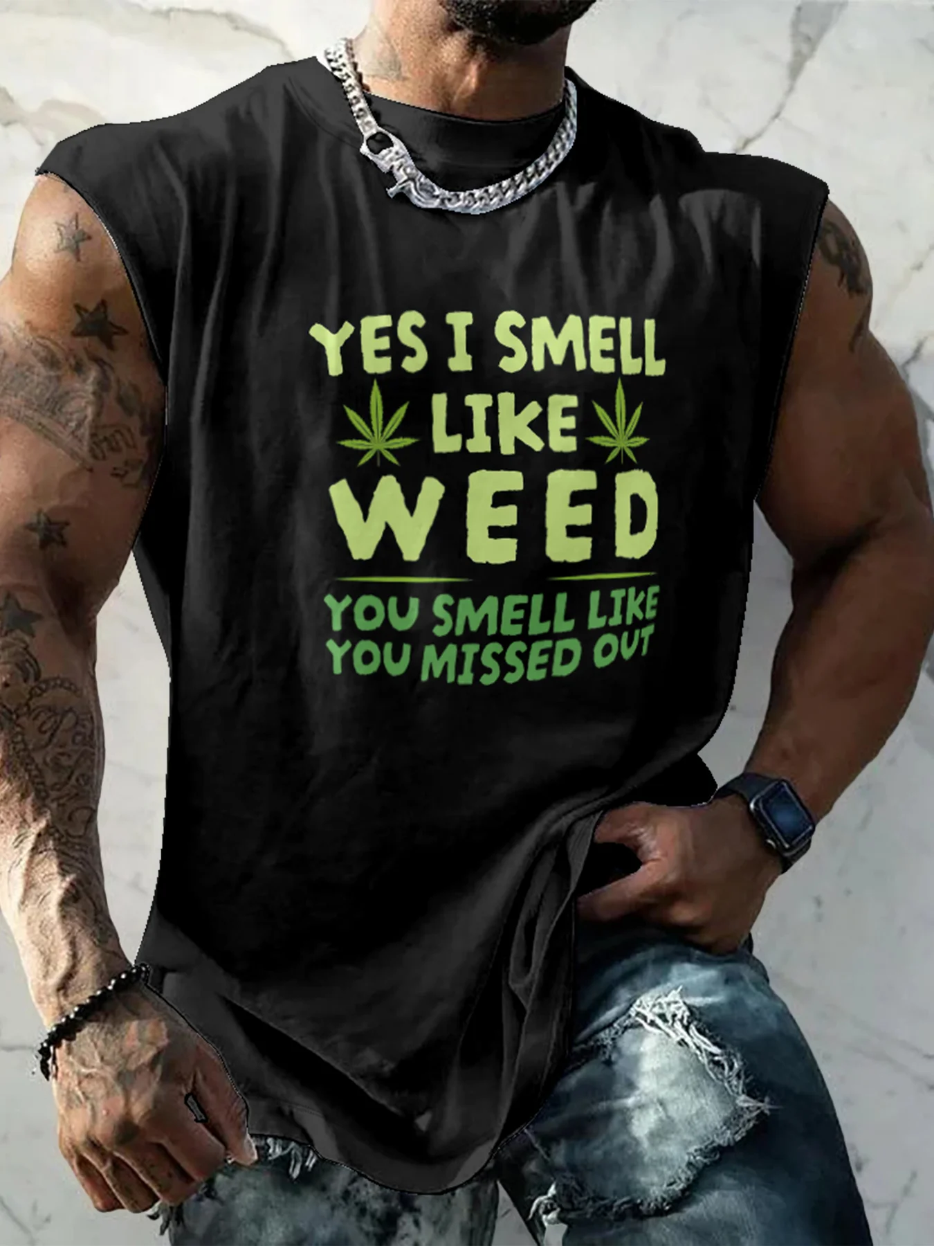 Mens Crewneck Tank Tops Smell Weed Beach Sleeveless Shirt