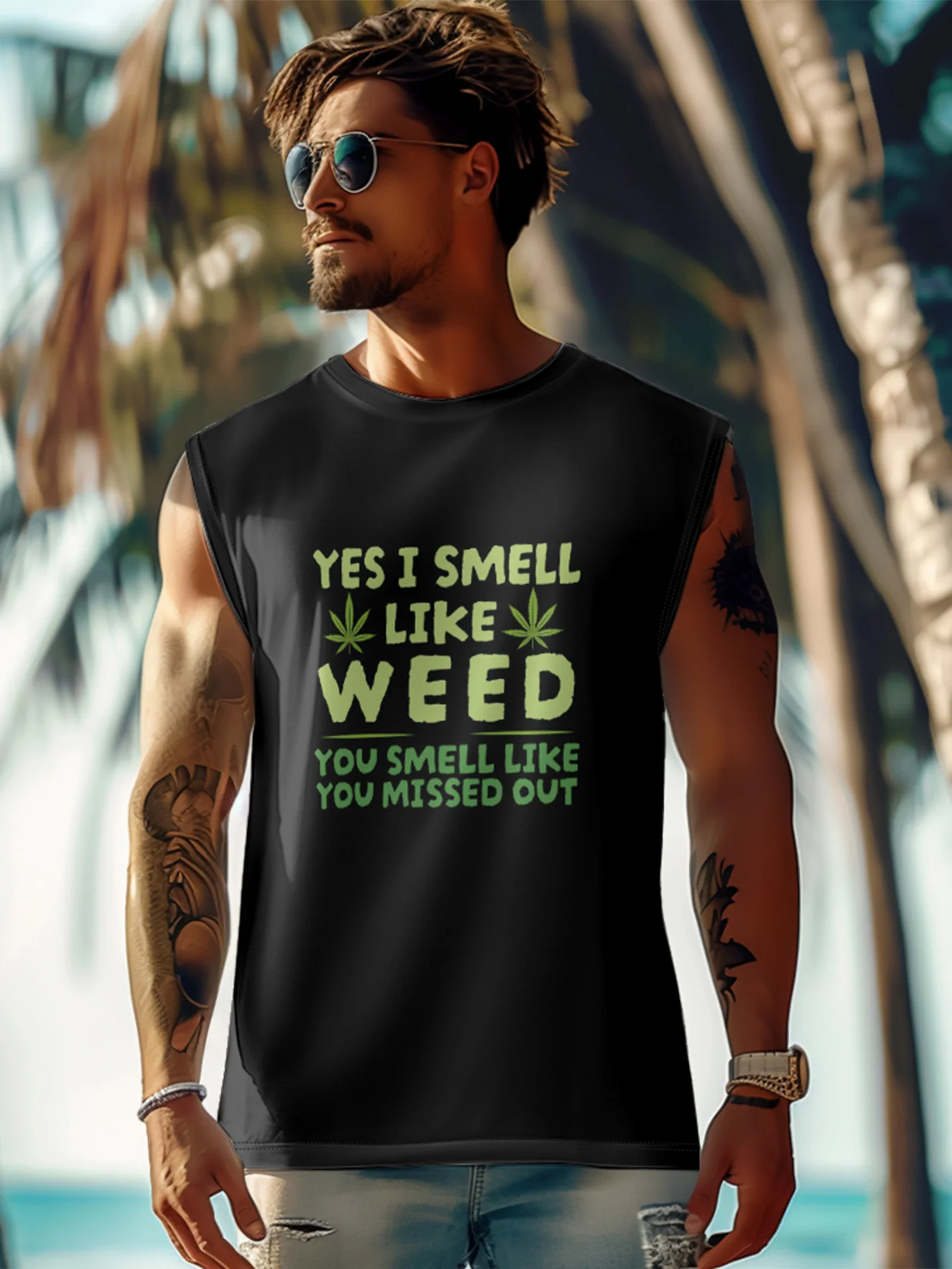 Mens Crewneck Tank Tops Smell Weed Beach Sleeveless Shirt