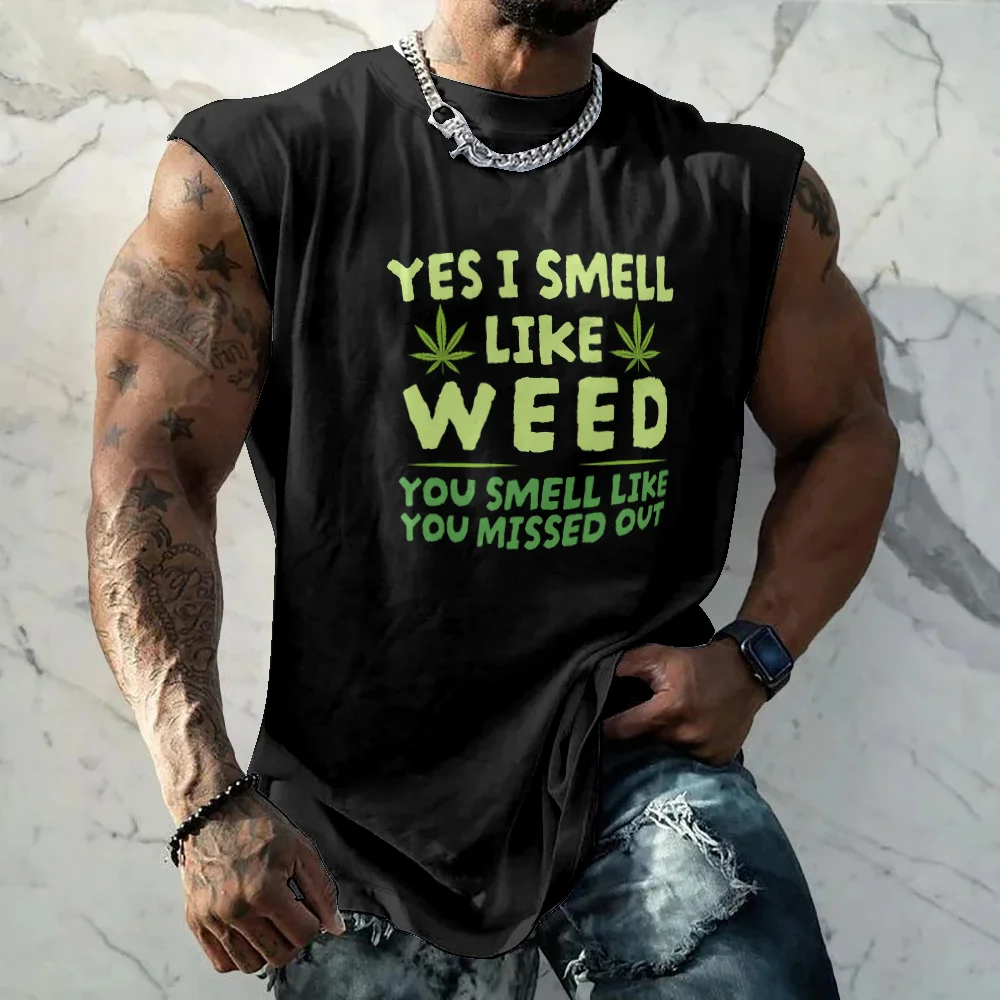 Mens Crewneck Tank Tops Smell Weed Beach Sleeveless Shirt