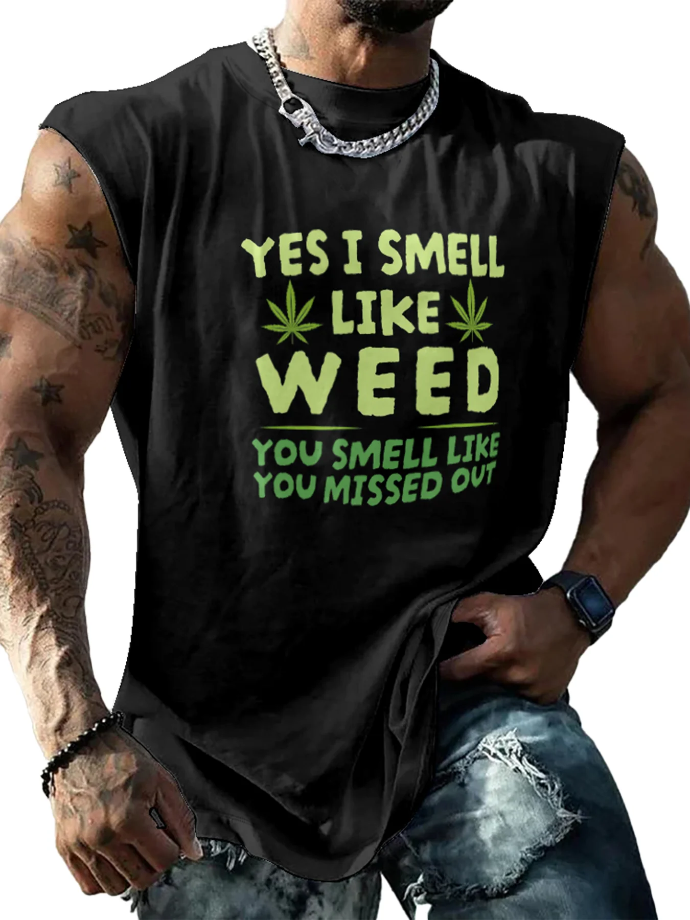Mens Crewneck Tank Tops Smell Weed Beach Sleeveless Shirt
