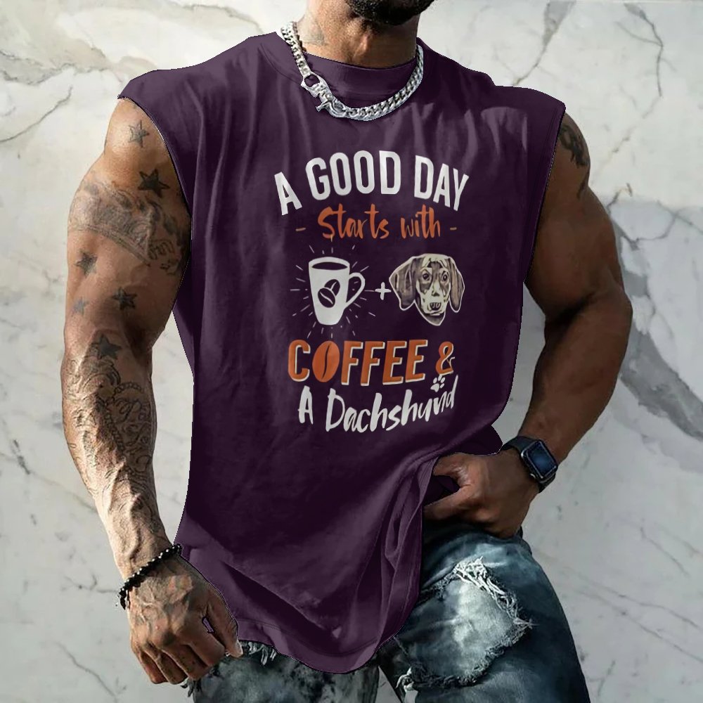 Mens Crewneck Tank Tops Good Day Coffee Dachshund Beach Sleeveless Shirt