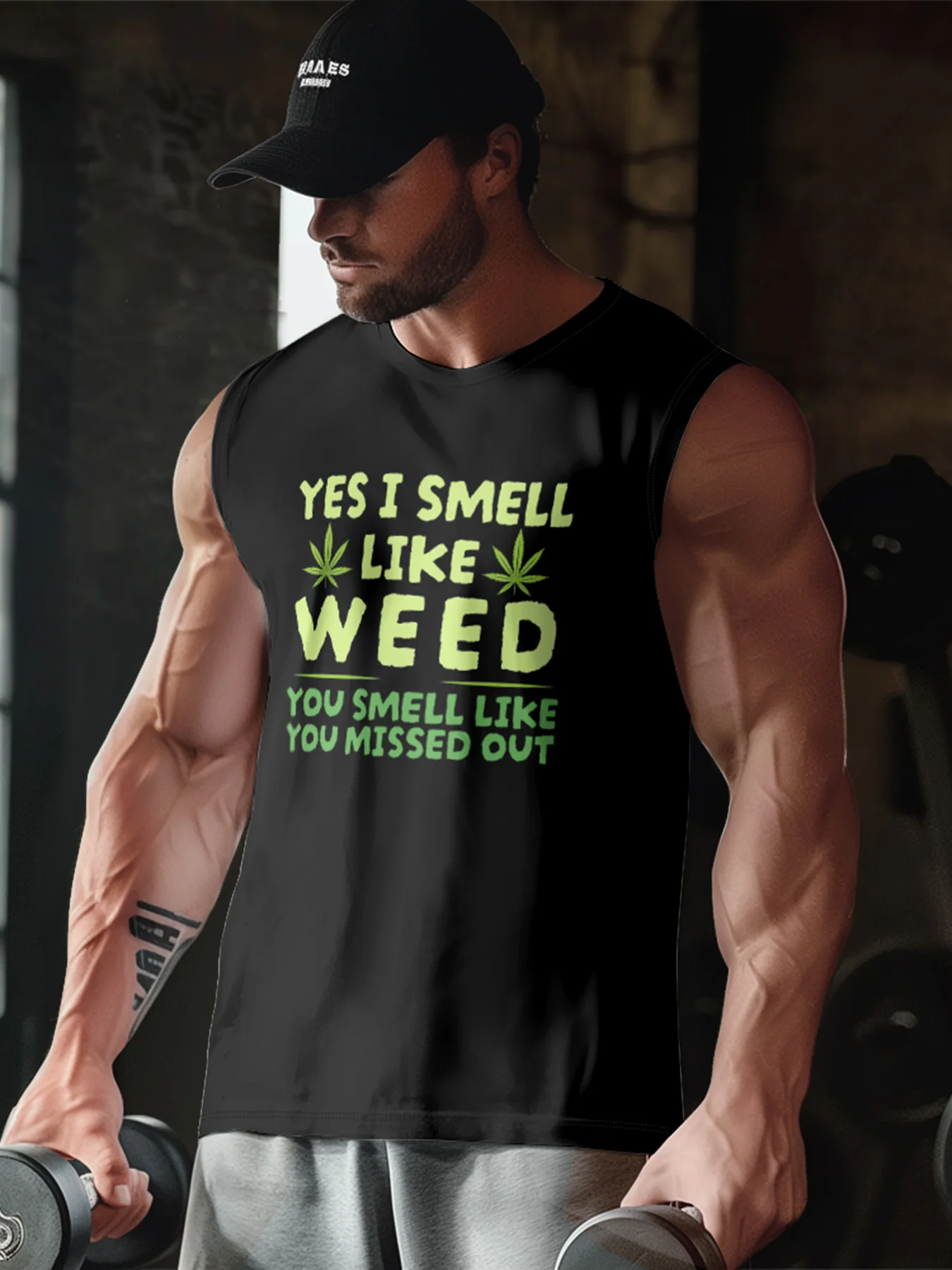 Mens Crewneck Tank Tops Smell Weed Beach Sleeveless Shirt