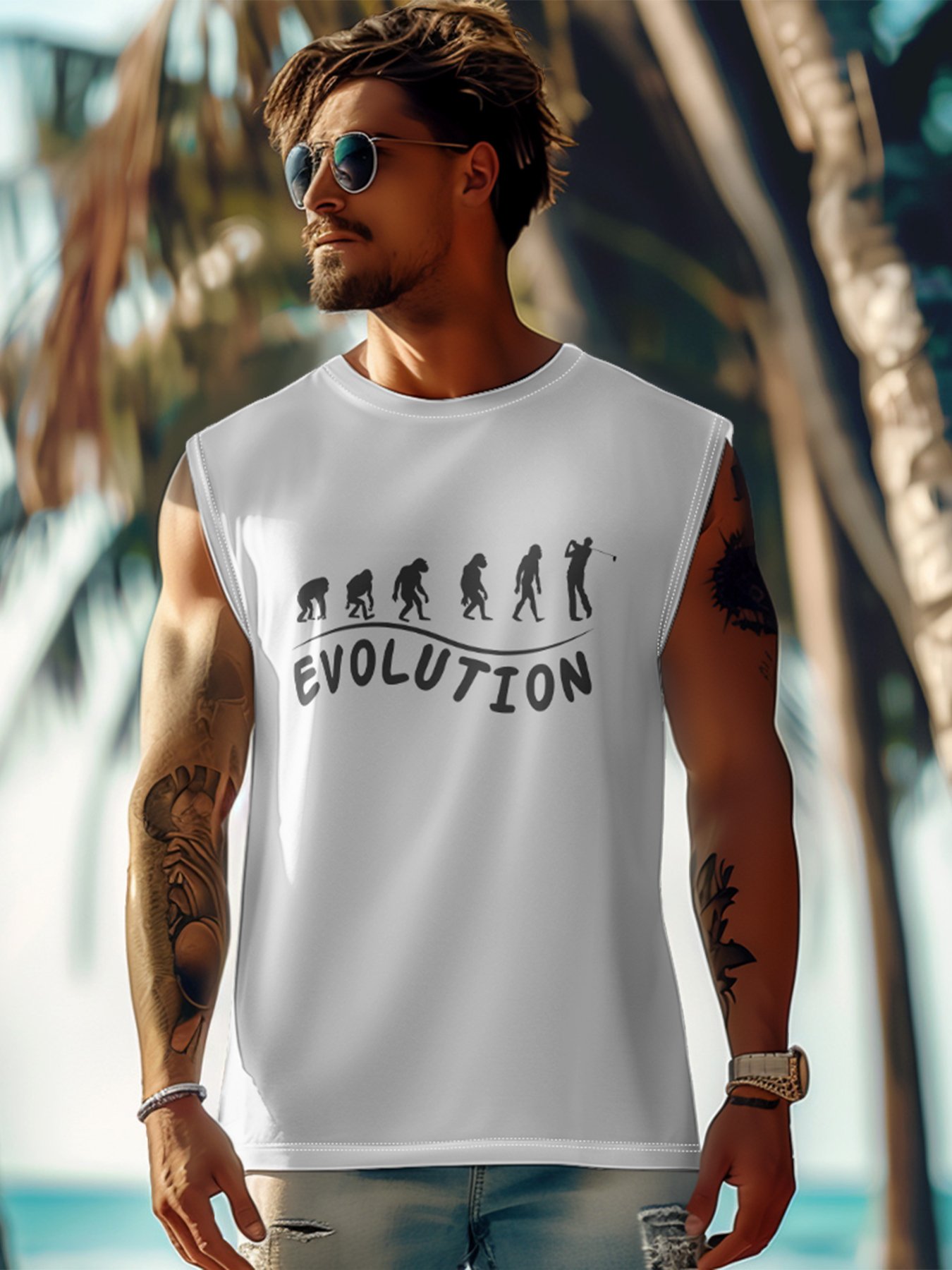 Mens Crewneck Tank Tops Evolution Beach Sleeveless Shirt
