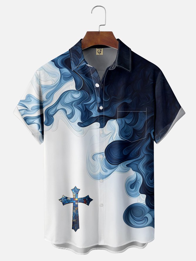 Tall Size Moisture-wicking Gradient Color Easter Cross Jesus Chest Pocket Casual Shirt