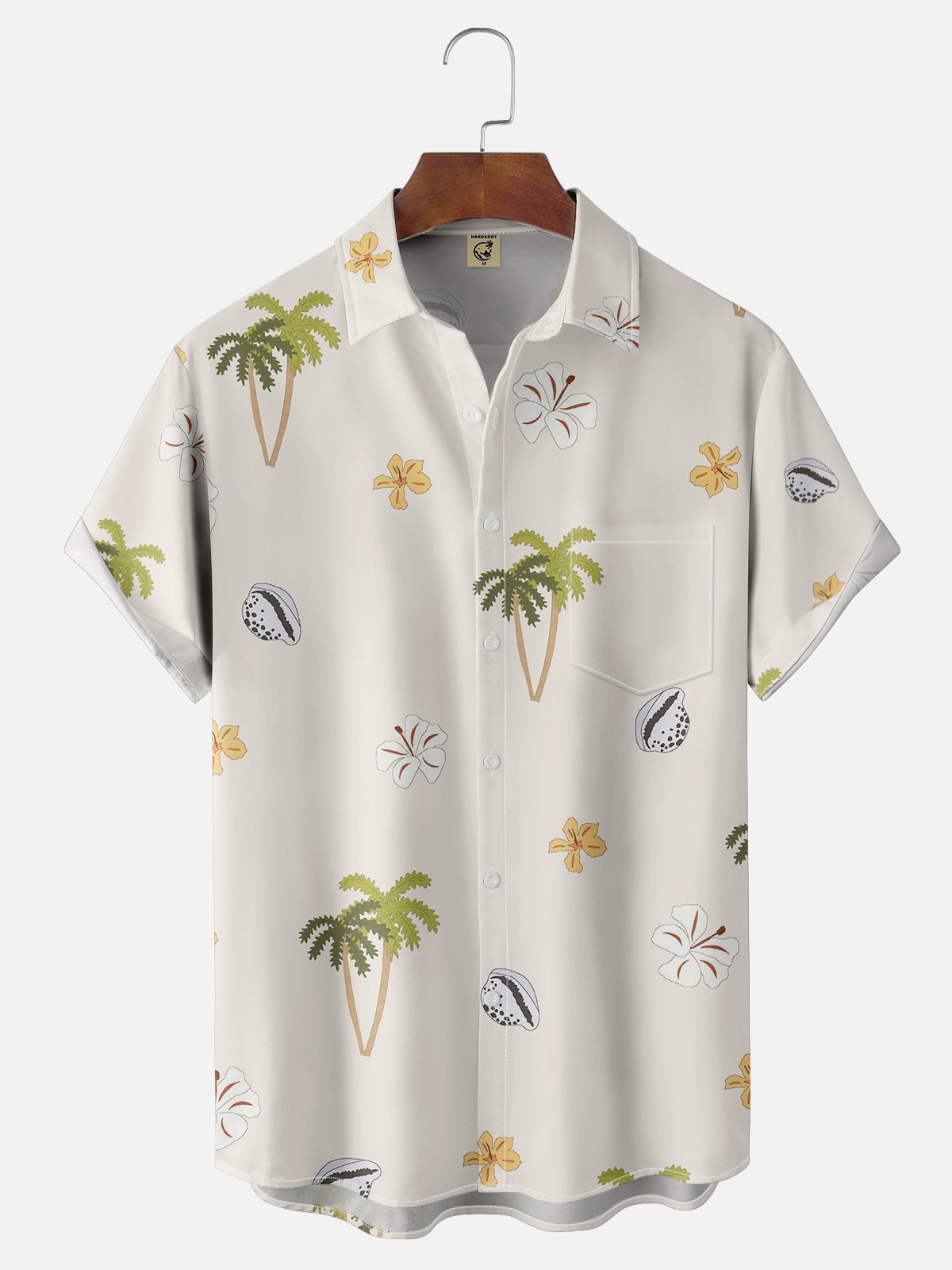 Moisture-wicking Palm Tree Floral Shell Chest Pocket Hawaiian Shirt