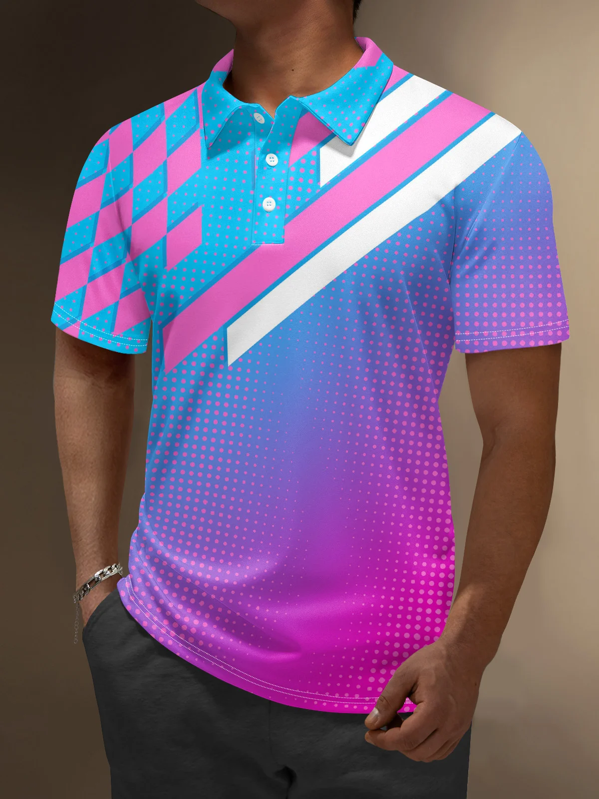 Moisture Wicking Geometric Polka Dot Stripes Gradient Color Golf Polo