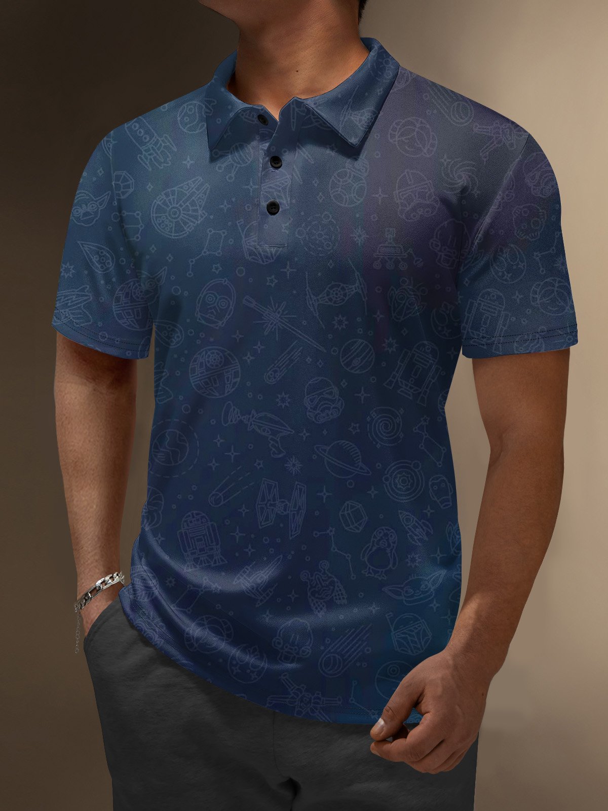 Moisture Wicking Stars Spaceship Planet Gradient Color Golf Polo