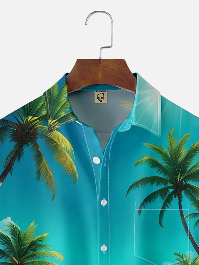 Tall Size Moisture-wicking Vintage Car Palm Tree Chest Pocket Hawaiian Shirt