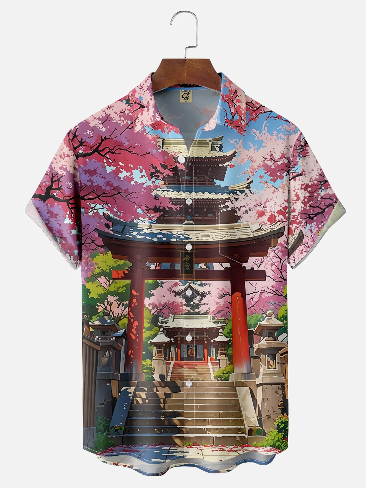 Moisture-wicking American Retro Japanese Culture Sakura Art Painting Chest Pocket Casual Shirt