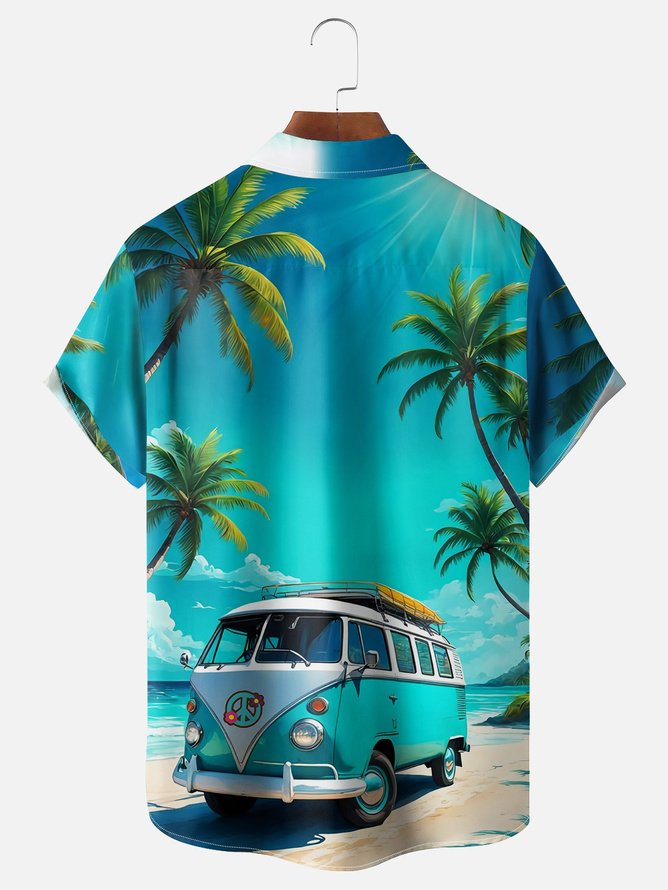Tall Size Moisture-wicking Vintage Car Palm Tree Chest Pocket Hawaiian Shirt
