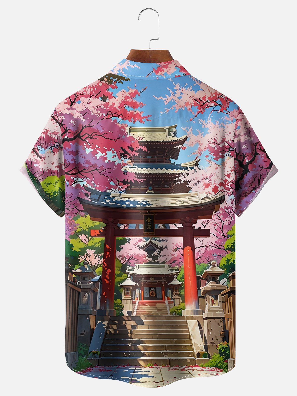 Moisture-wicking American Retro Japanese Culture Sakura Art Painting Chest Pocket Casual Shirt