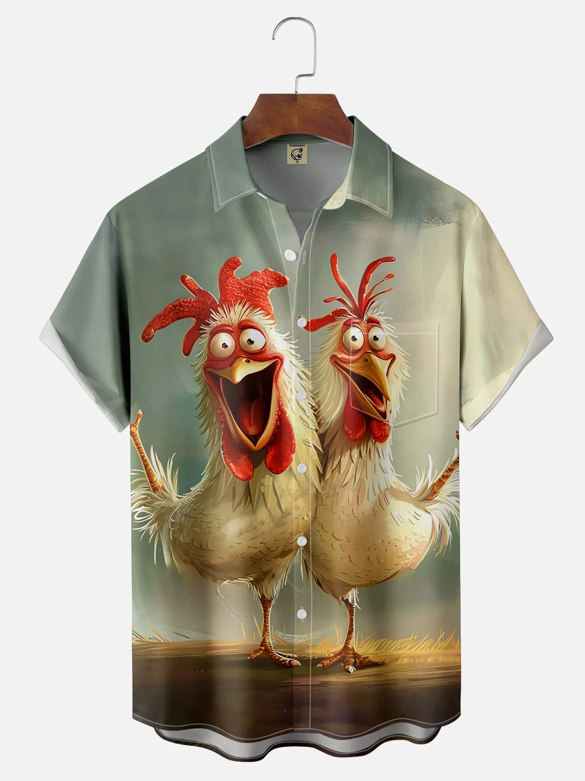Moisture-wicking Two Fun and Cheerful Chickens Chest Pocket Hawaiian Shirt