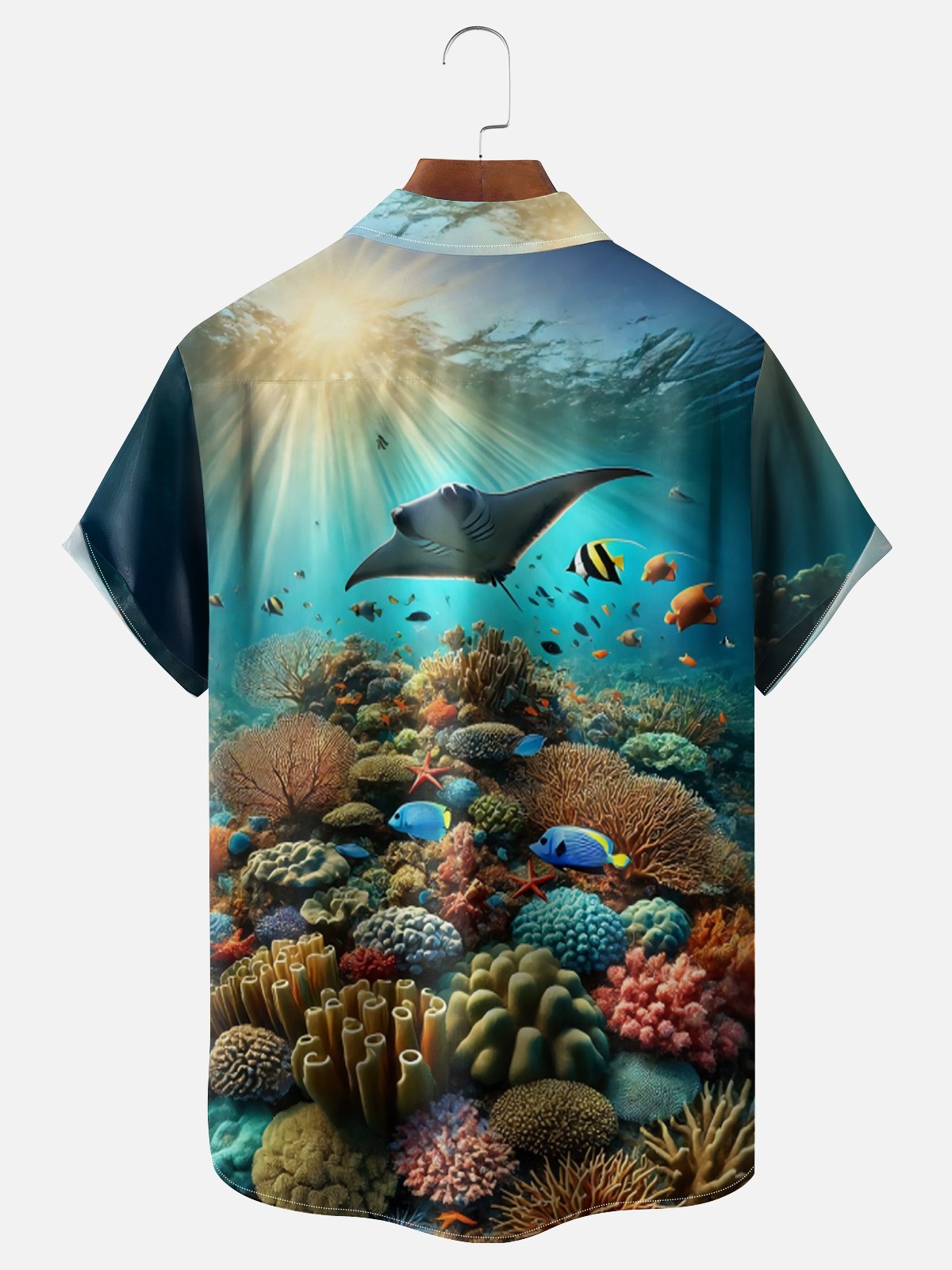 Moisture-wicking Coral Manta Ray Fish Marine Life Chest Pocket Hawaiian Shirt