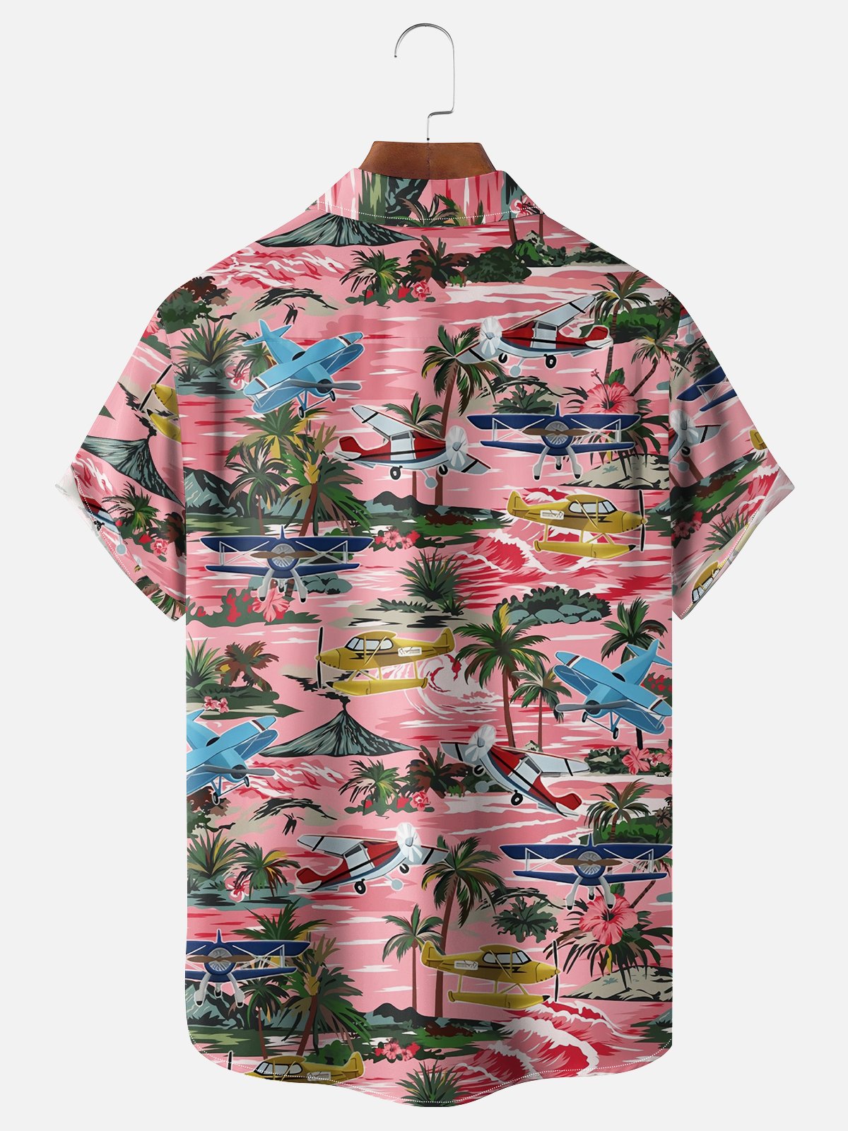 Moisture-wicking Airplane Island Coconut Tree Chest Pocket Hawaiian Shirt