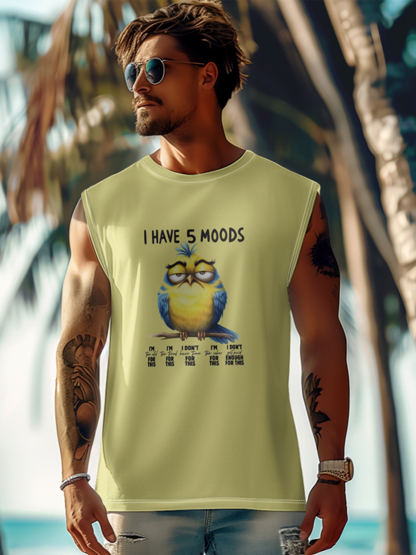 Mens Crewneck Tank Tops 5 Moods Bird Beach Sleeveless Shirt