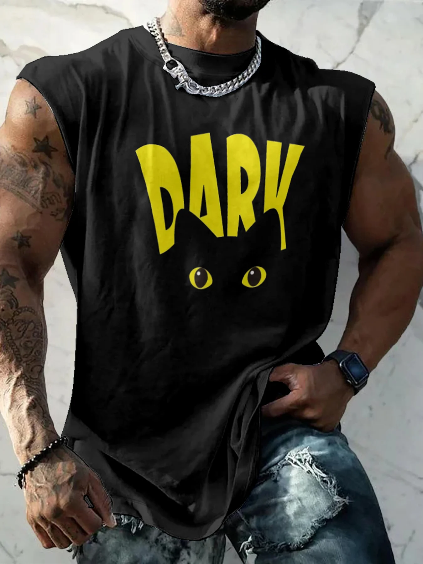 Mens Crewneck Tank Tops Dark Cats Eyes Beach Sleeveless Shirt