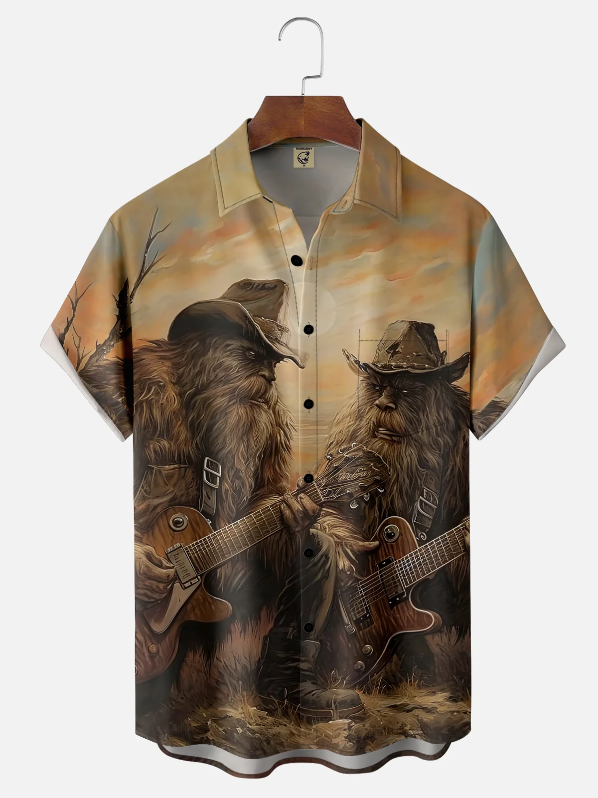 Moisture-wicking Bigfoot Playing Guitar Fun Art Chest Pocket Hawaiian Shirt