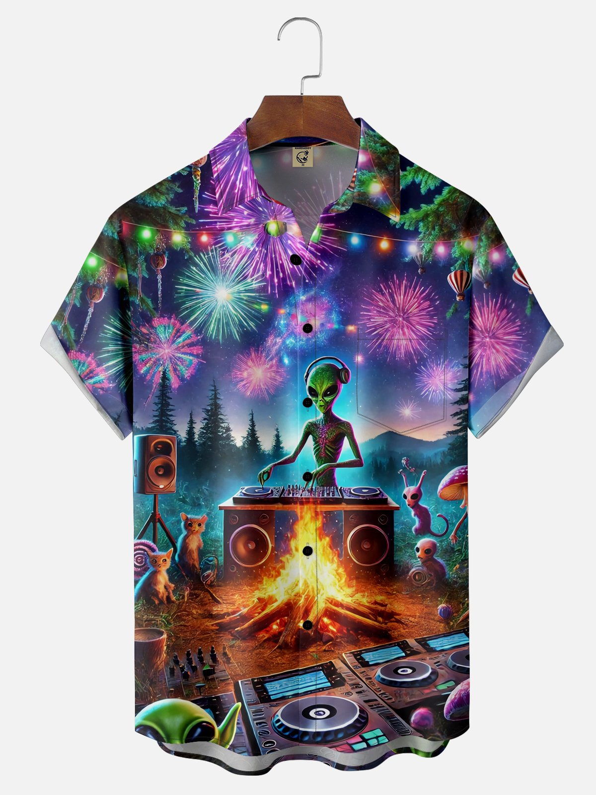 Moisture Wicking Alien Punk Music Party Chest Pocket Hawaiian Shirt