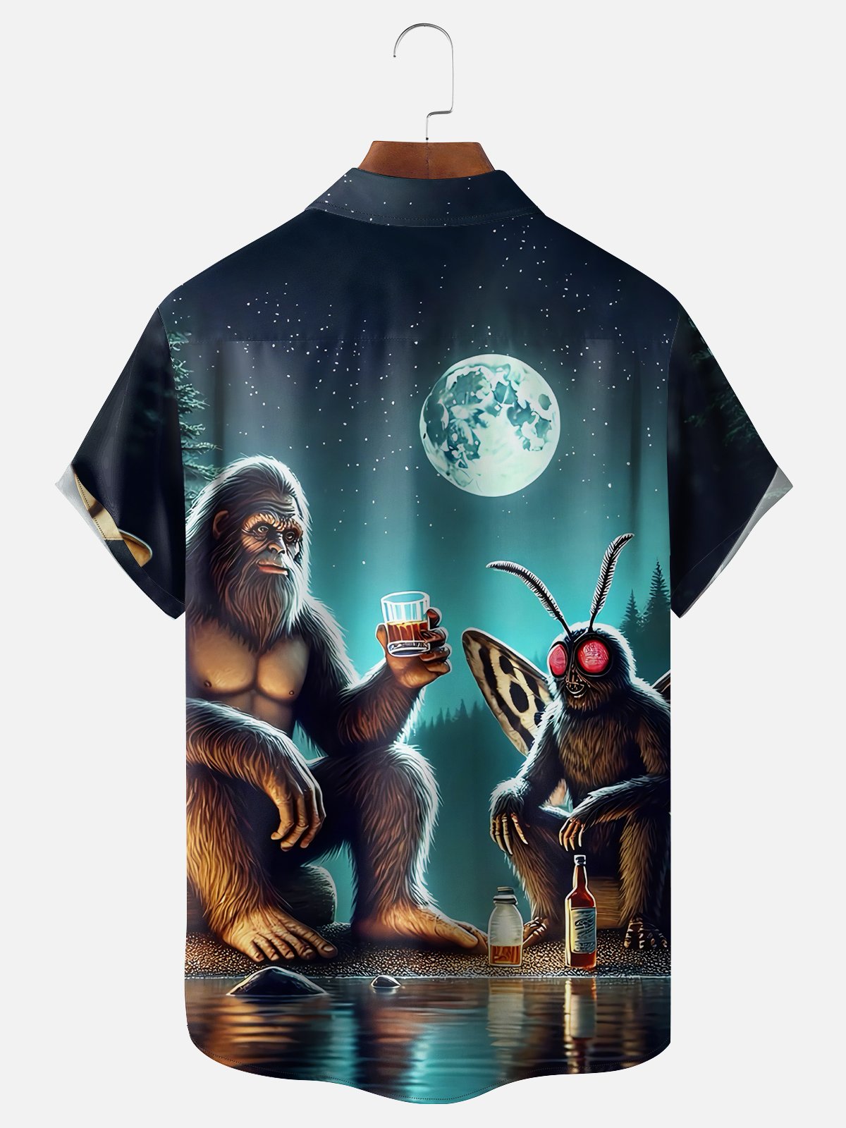Moisture-wicking Bigfoot Mothman Drinking Fun Art Chest Pocket Hawaiian Shirt