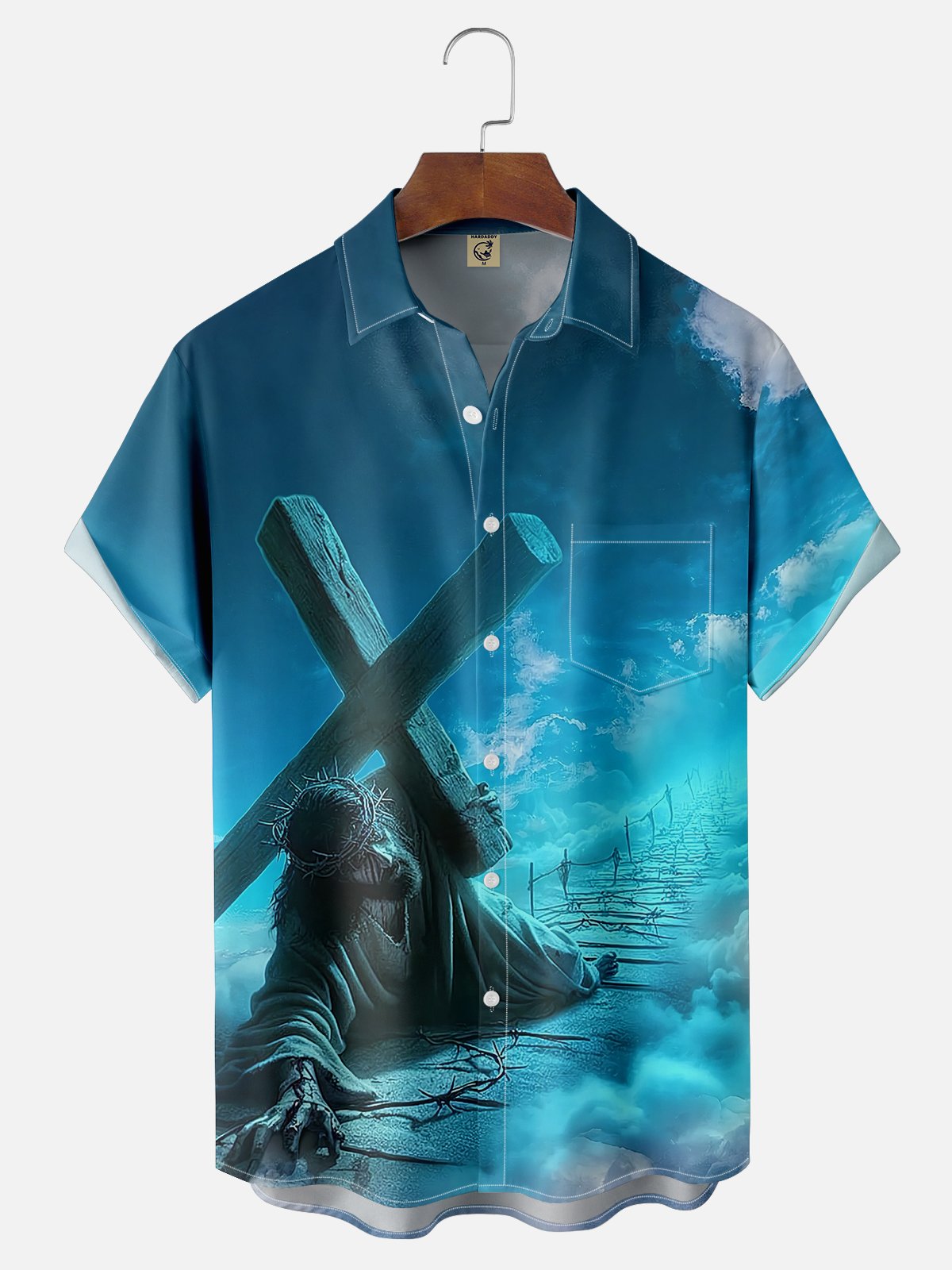 Moisture-wicking Christ Cross Religious Art Blue Chest Pocket Casual Shirt