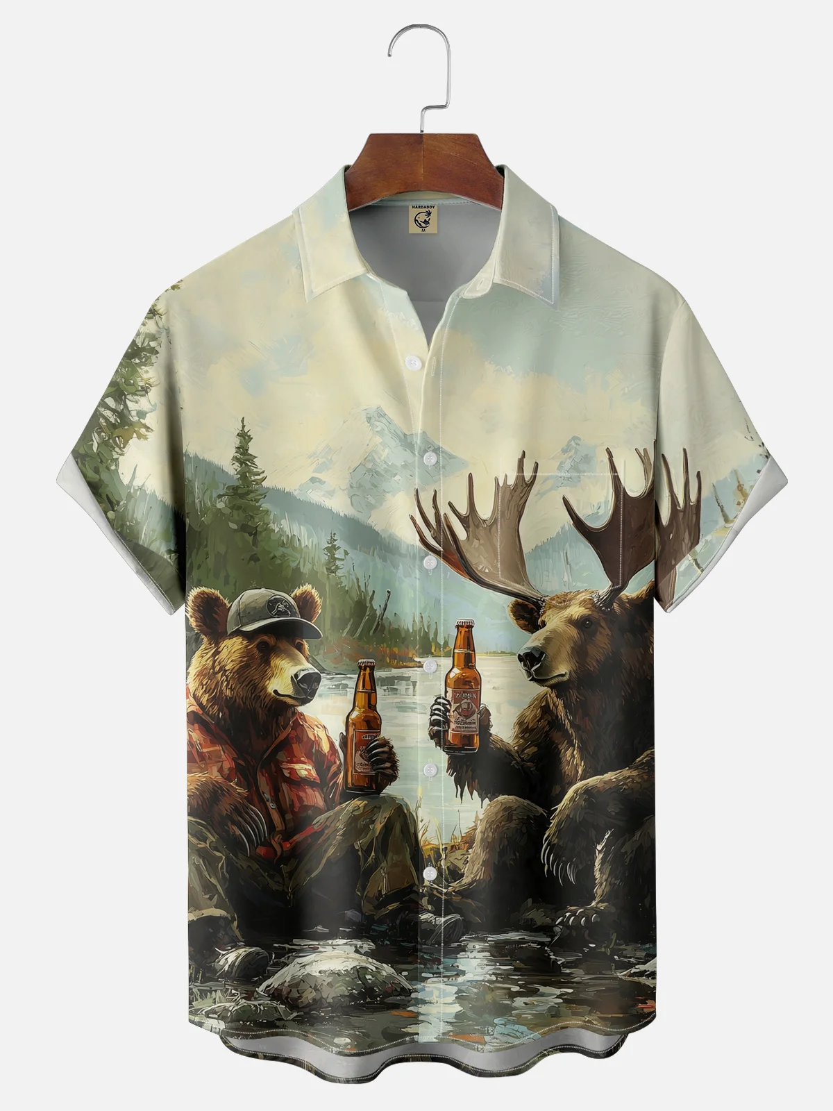 Moisture Wicking Outdoor Camp Camping Bear Elk Chest Pocket Hawaiian Shirt