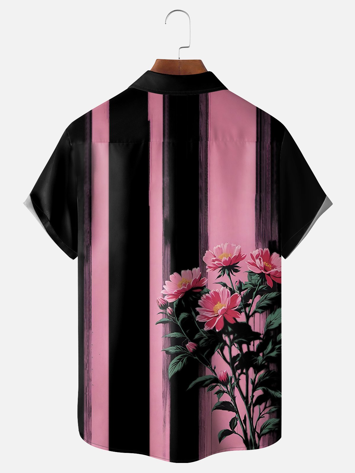 Moisture Wicking Stripes Floral Chest Pocket  Bowling Shirt