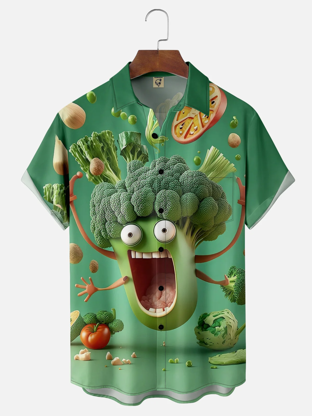 Moisture-wicking Funny Broccoli Scare Art Painting Chest Pocket Hawaiian Shirt