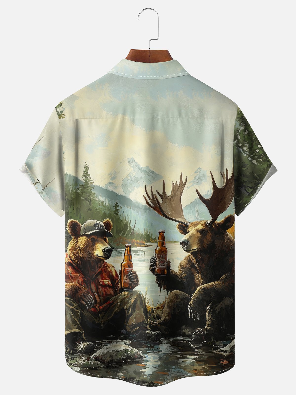 Moisture Wicking Outdoor Camp Camping Bear Elk Chest Pocket Hawaiian Shirt