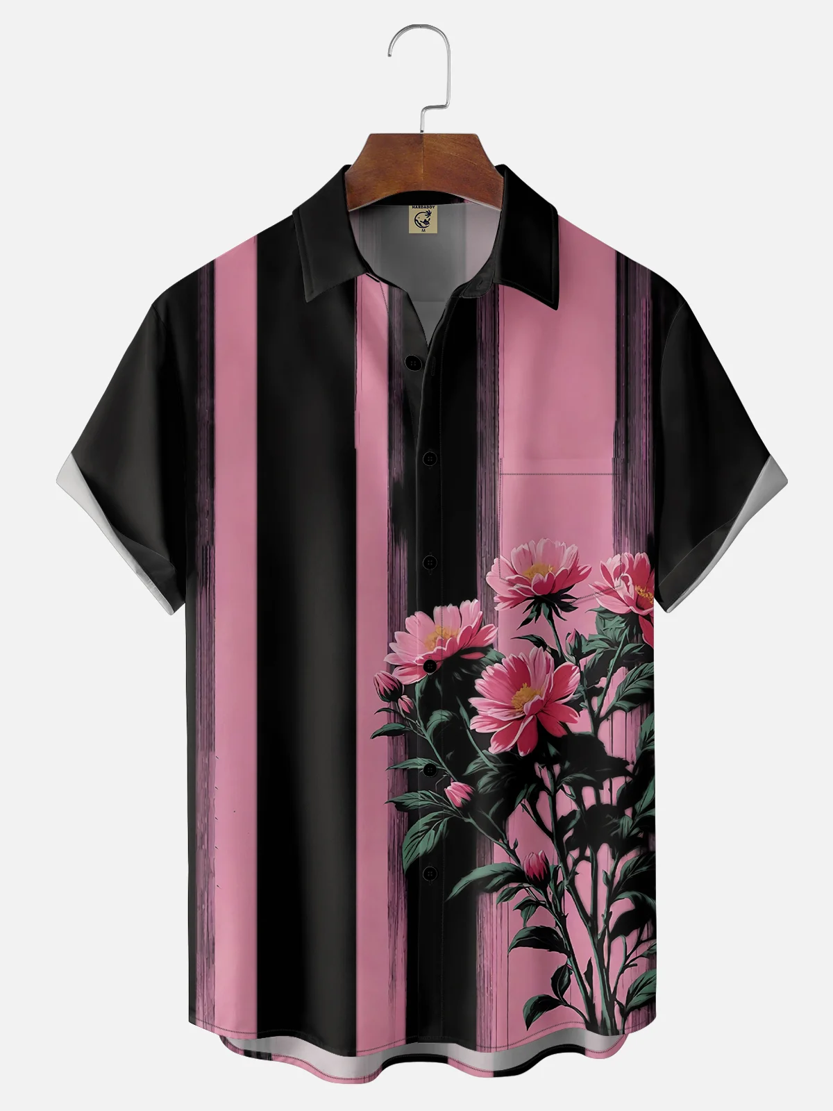 Moisture Wicking Stripes Floral Chest Pocket  Bowling Shirt