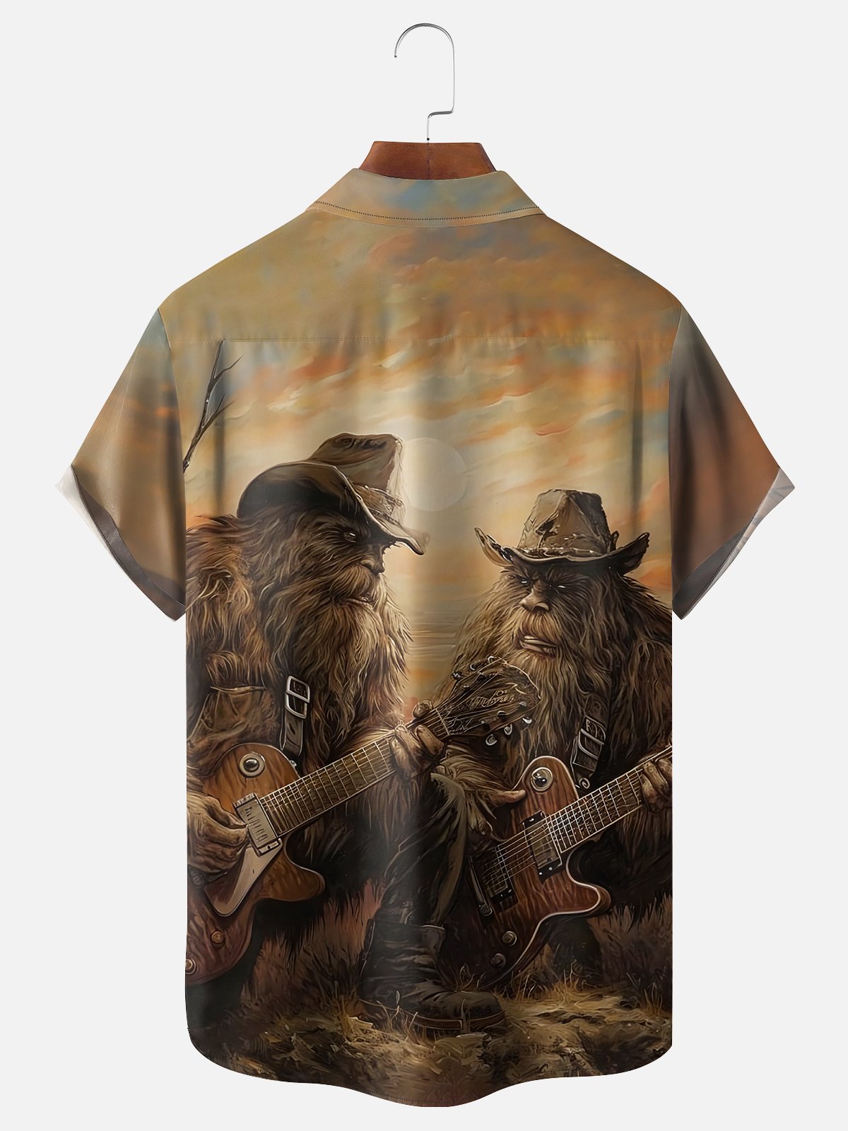 Moisture-wicking Bigfoot Playing Guitar Fun Art Chest Pocket Hawaiian Shirt