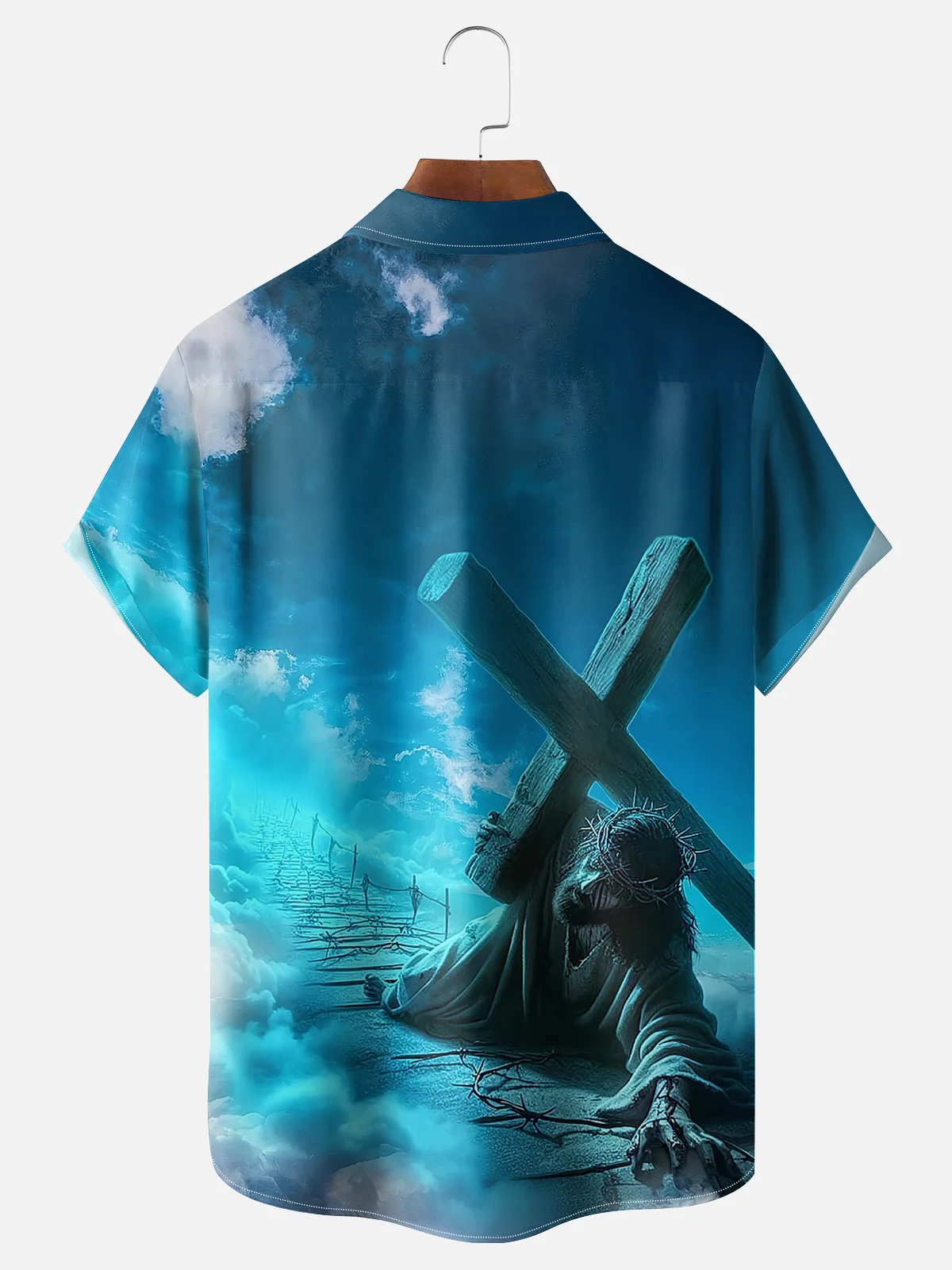 Moisture-wicking Christ Cross Religious Art Blue Chest Pocket Casual Shirt