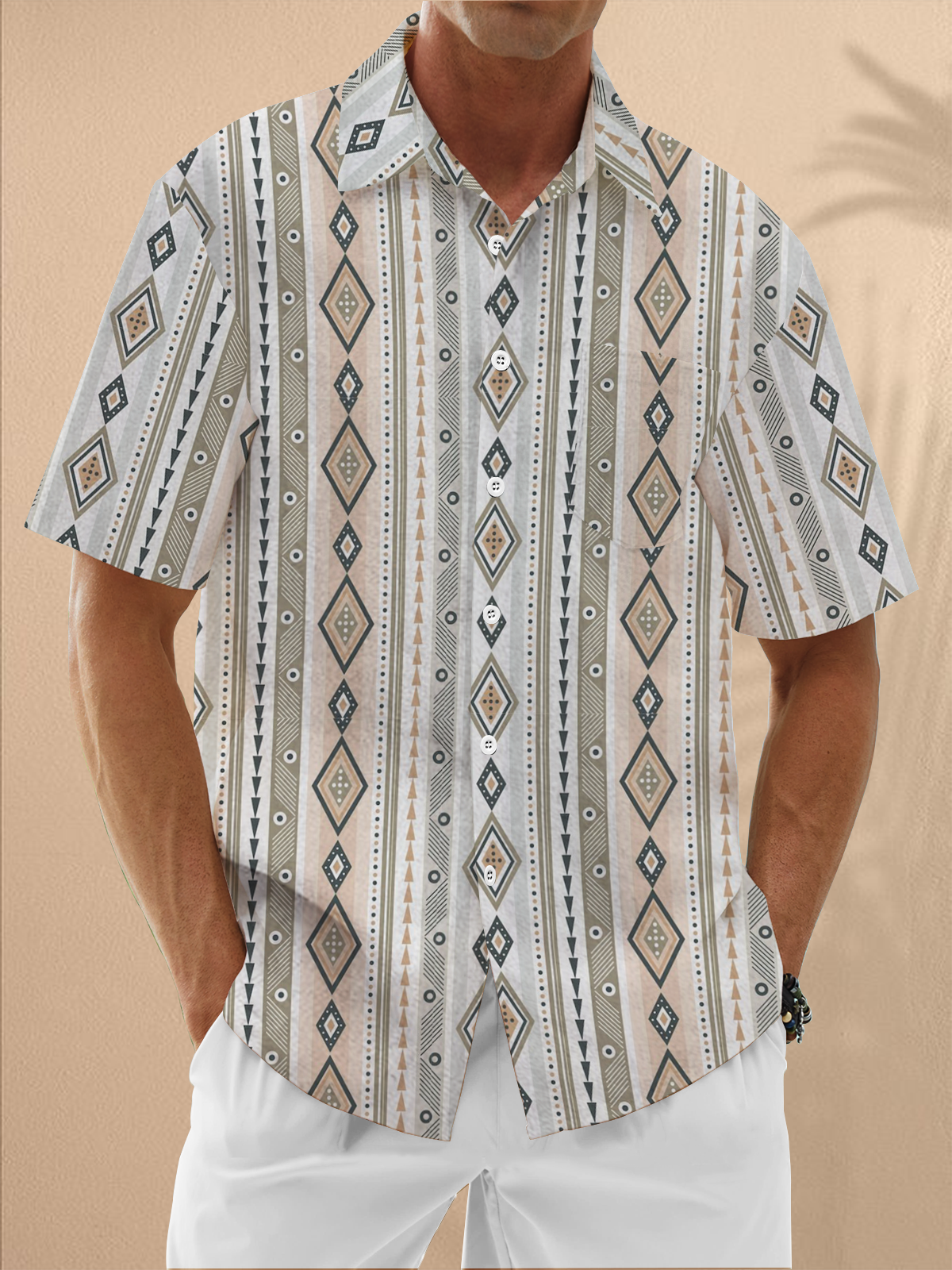 Moisture Wicking Geometric Stripes Chest Pocket Hawaiian Shirt