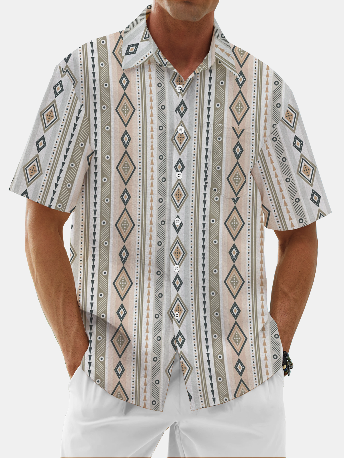 Moisture Wicking Geometric Stripes Chest Pocket Hawaiian Shirt