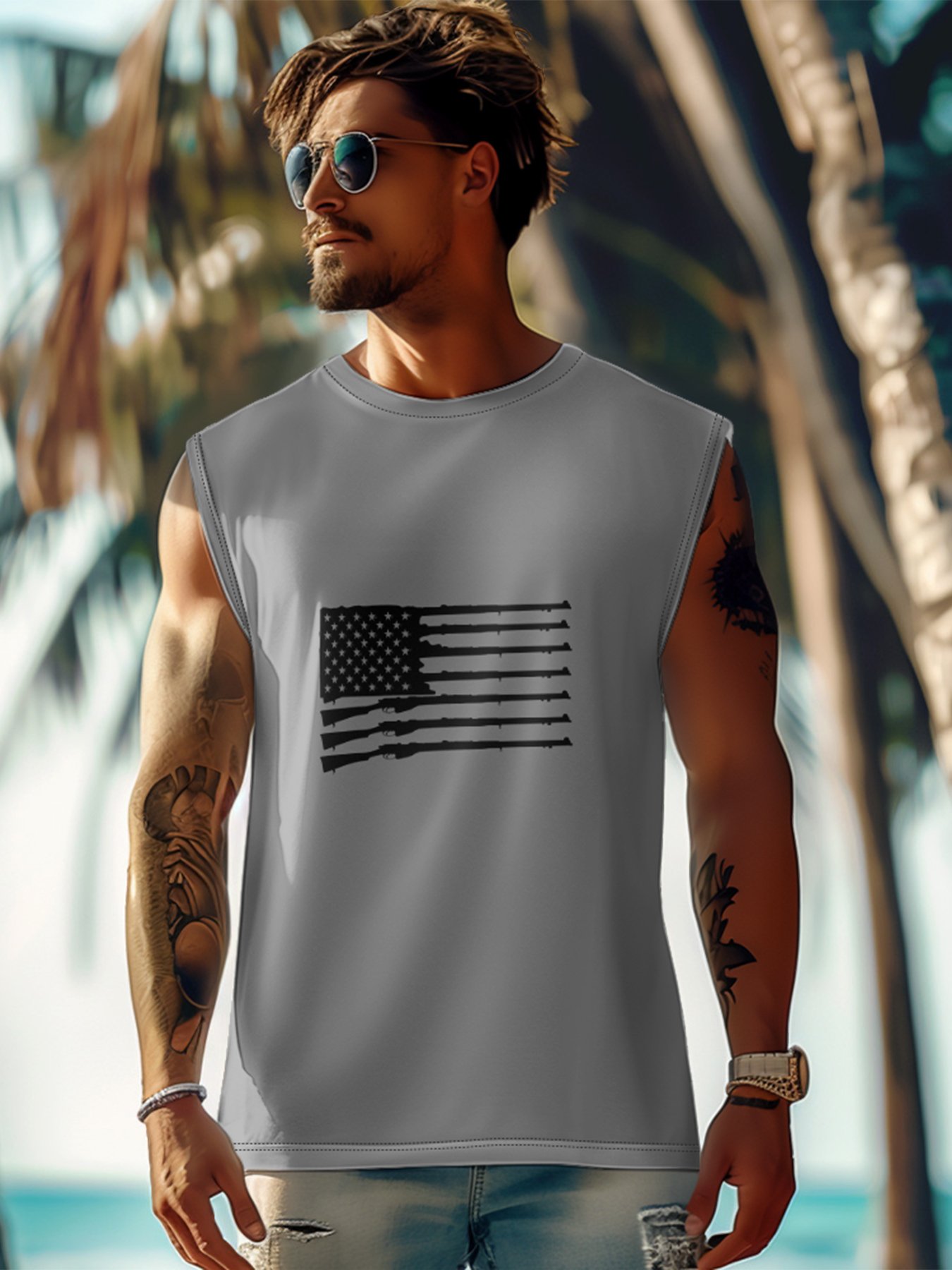 Mens Crewneck Tank Tops American Flag Rifle Beach Sleeveless Shirt