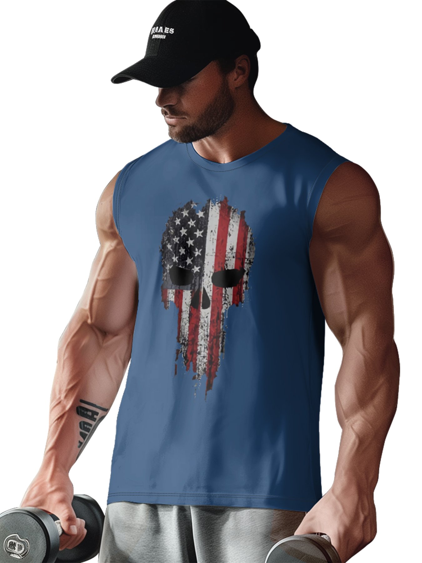 Mens Crewneck Tank Tops Skull American Flag Beach Sleeveless Shirt