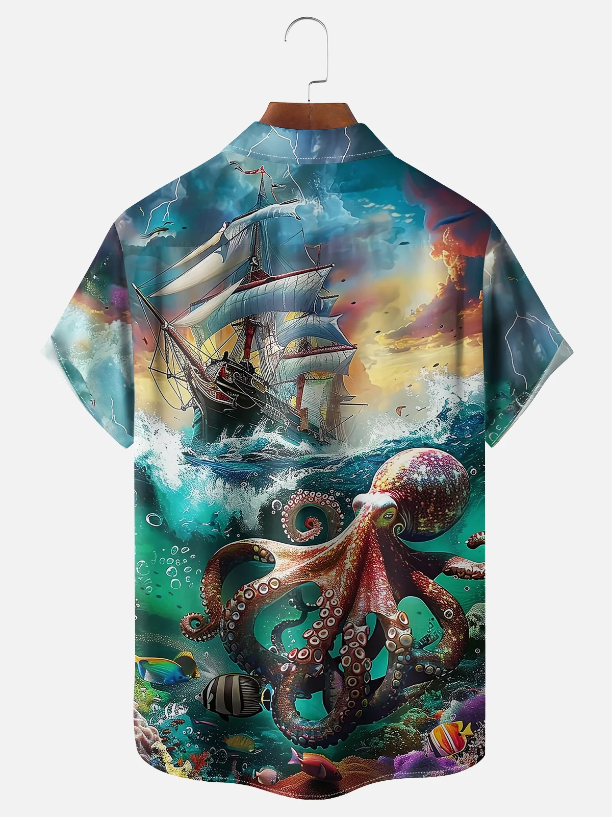 Moisture-wicking Ocean Art Octopus Pirate Ship Chest Pocket Hawaiian Shirt
