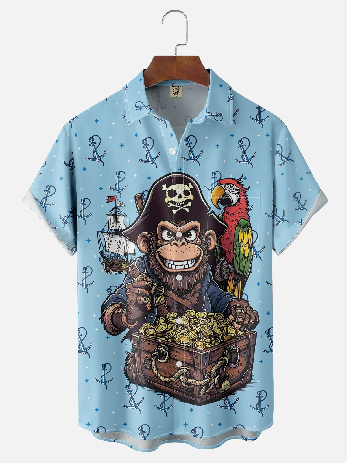 Moisture-wicking Marine Pirate Monkey Chest Pocket Hawaiian Shirt