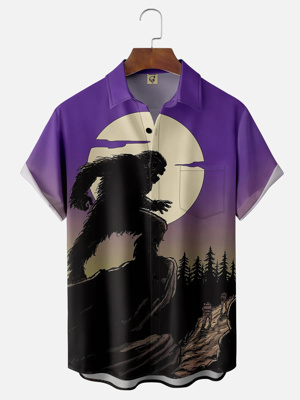 Moisture-wicking Bigfoot Moon Forest Chest Pocket Hawaiian Shirt
