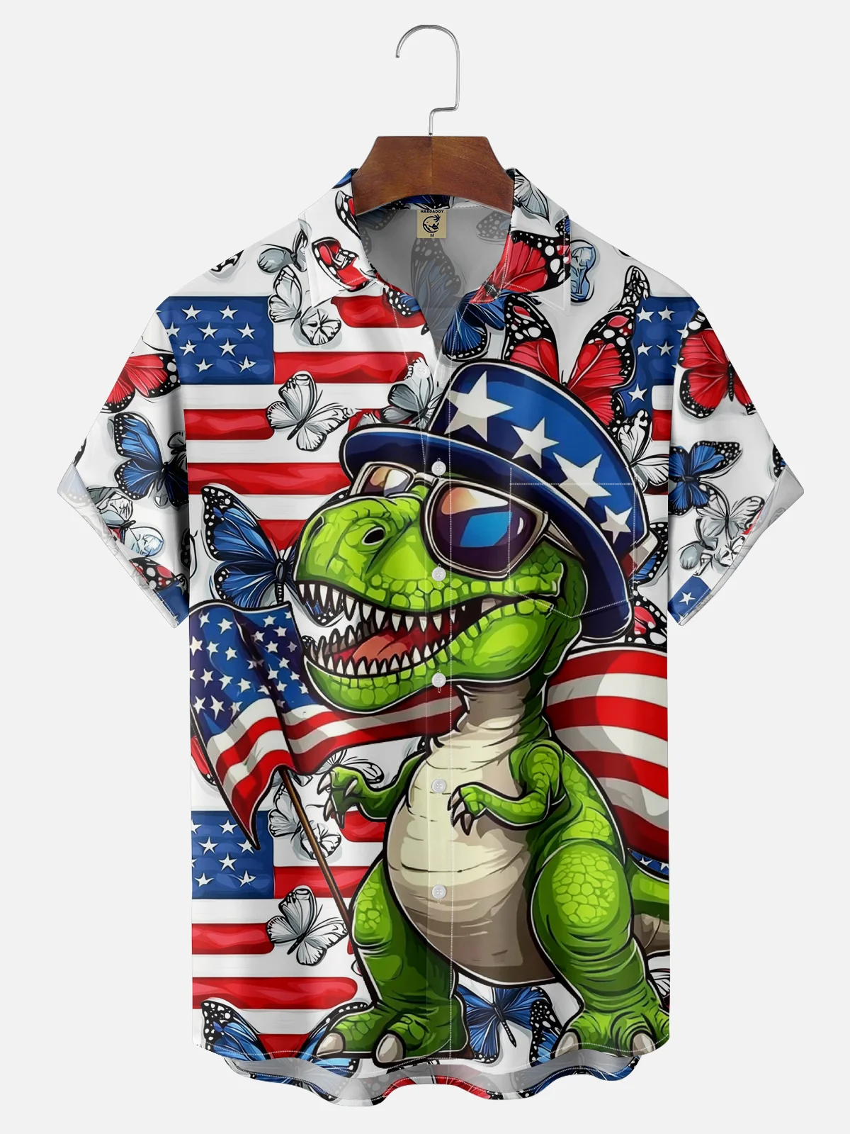 Moisture-wicking American Flag Dinosaur Chest Pocket Casual Shirt