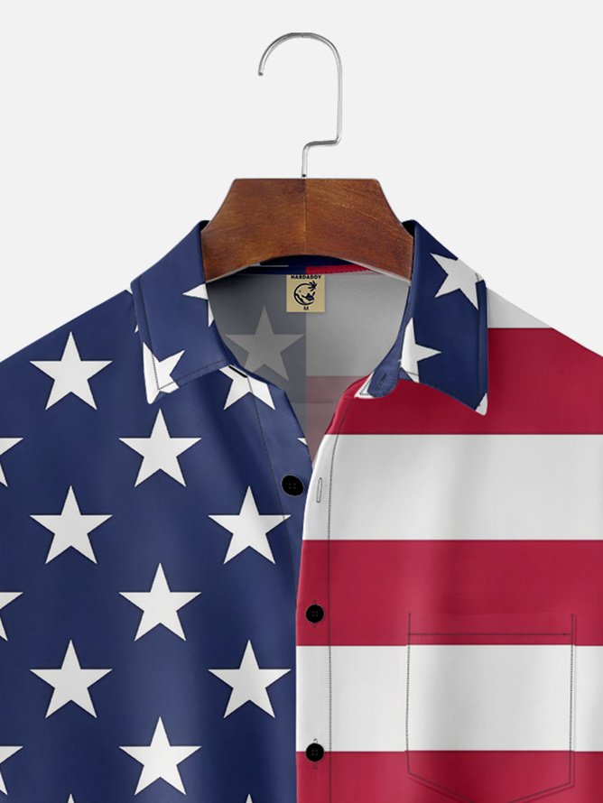 Tall Size Moisture-wicking American Flag Chest Pocket Casual Shirt