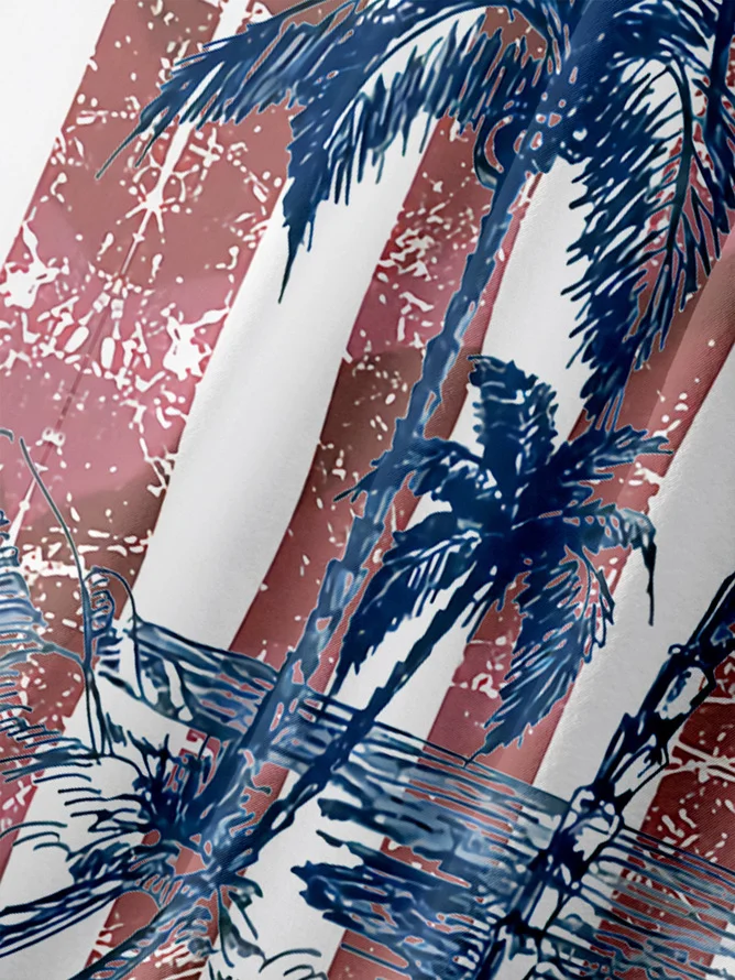Tall Size Moisture-wicking American Flag Palm Tree Chest Pocket Hawaiian Shirt
