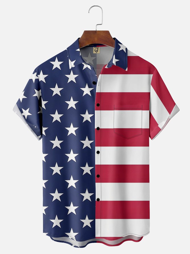 Tall Size Moisture-wicking American Flag Chest Pocket Casual Shirt