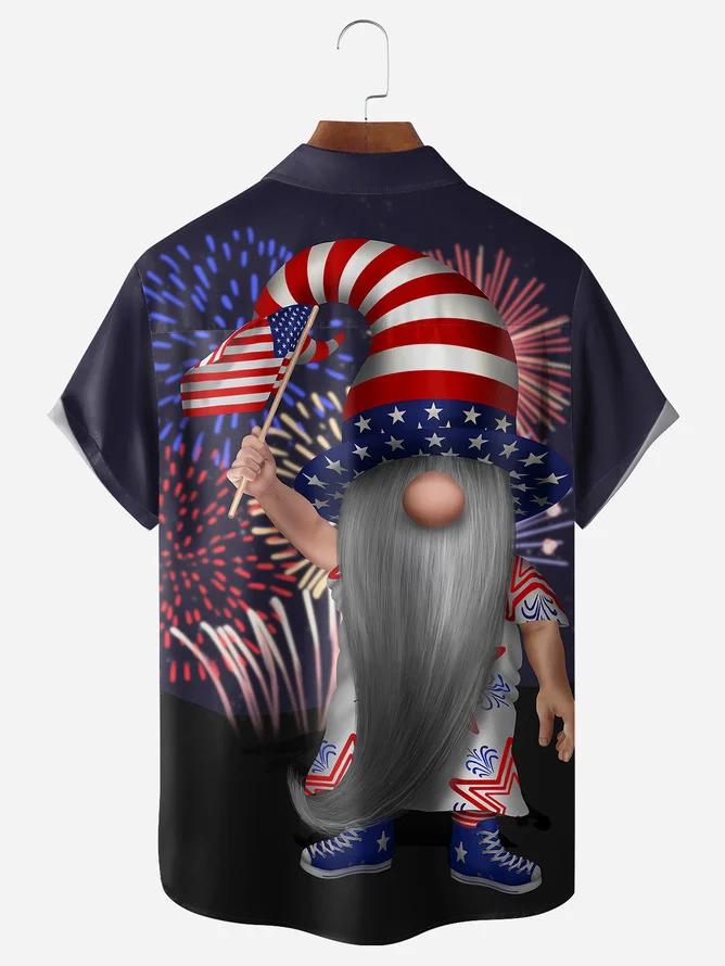 Tall Size Moisture-wicking American Flag Gnome Chest Pocket Casual Shirt